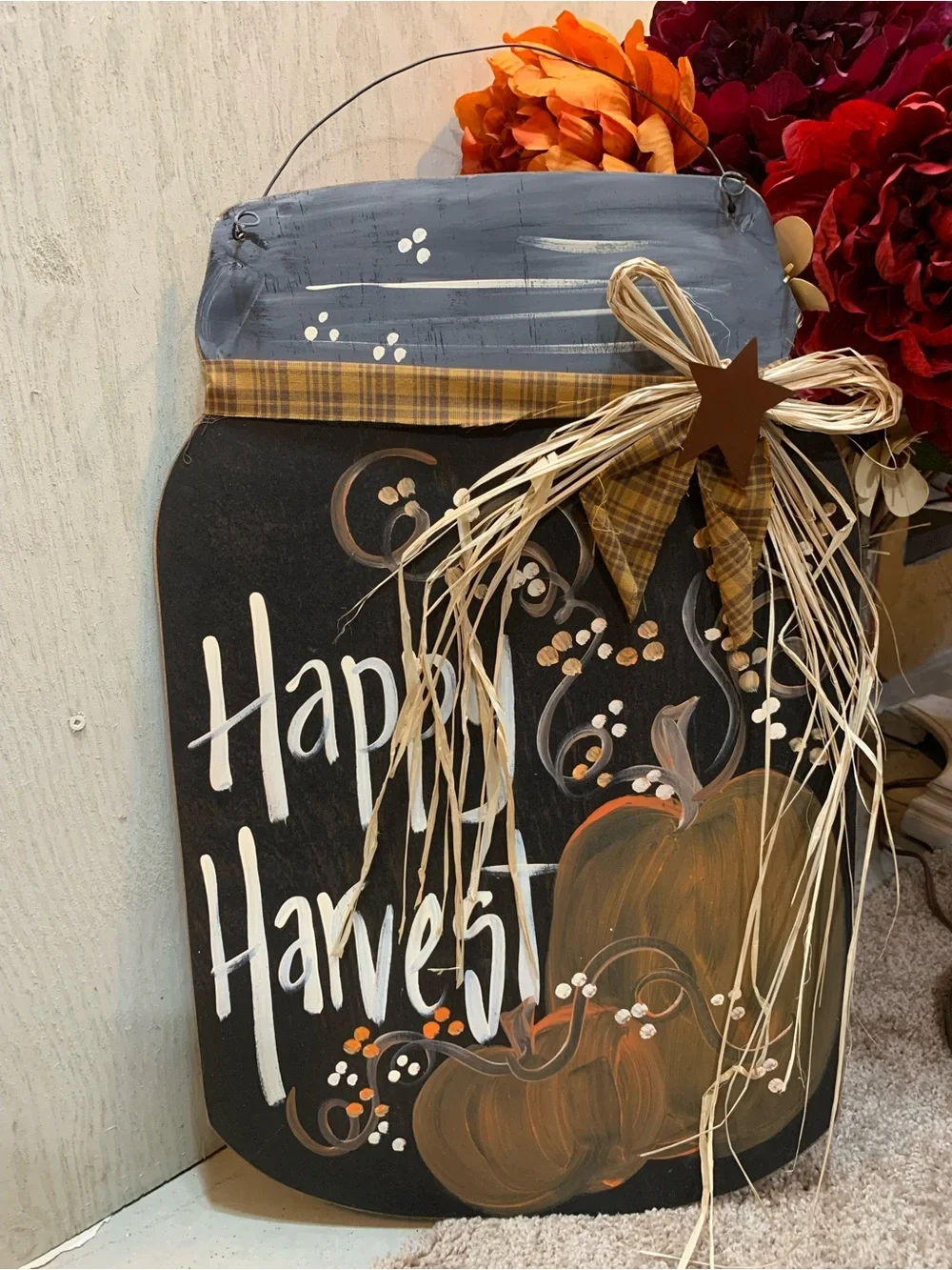 Rustic Harvest Mason Jar Wall Sign - Rustic Black and Orange Home Holiday Decor